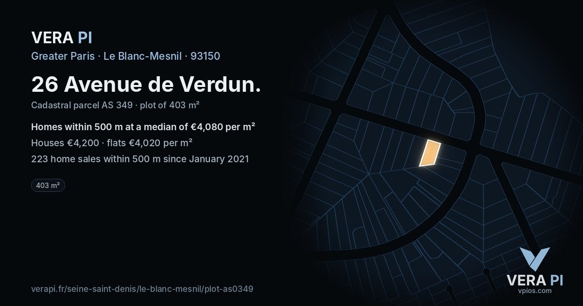 26 Avenue de Verdun, Le Blanc-Mesnil at night – the plot lit, the parcels around coloured by the prices near them
