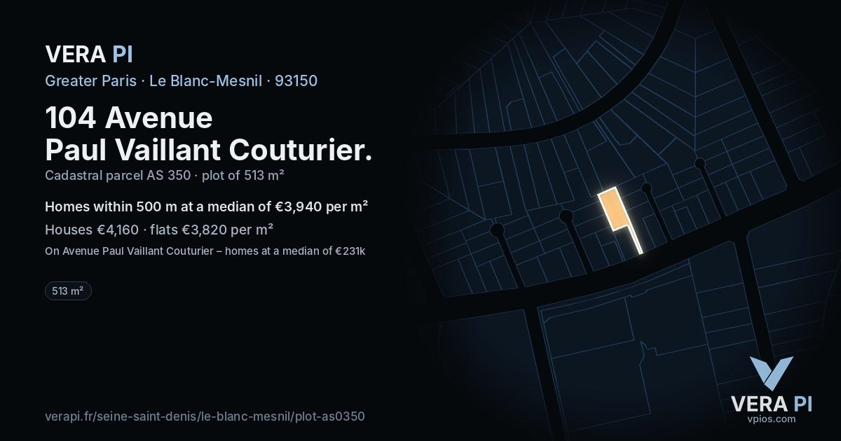 104 Avenue Paul Vaillant Couturier, Le Blanc-Mesnil at night – the plot lit, the parcels around coloured by the prices near them
