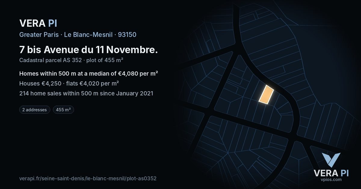 7 bis Avenue du 11 Novembre, Le Blanc-Mesnil at night – the plot lit, the parcels around coloured by the prices near them