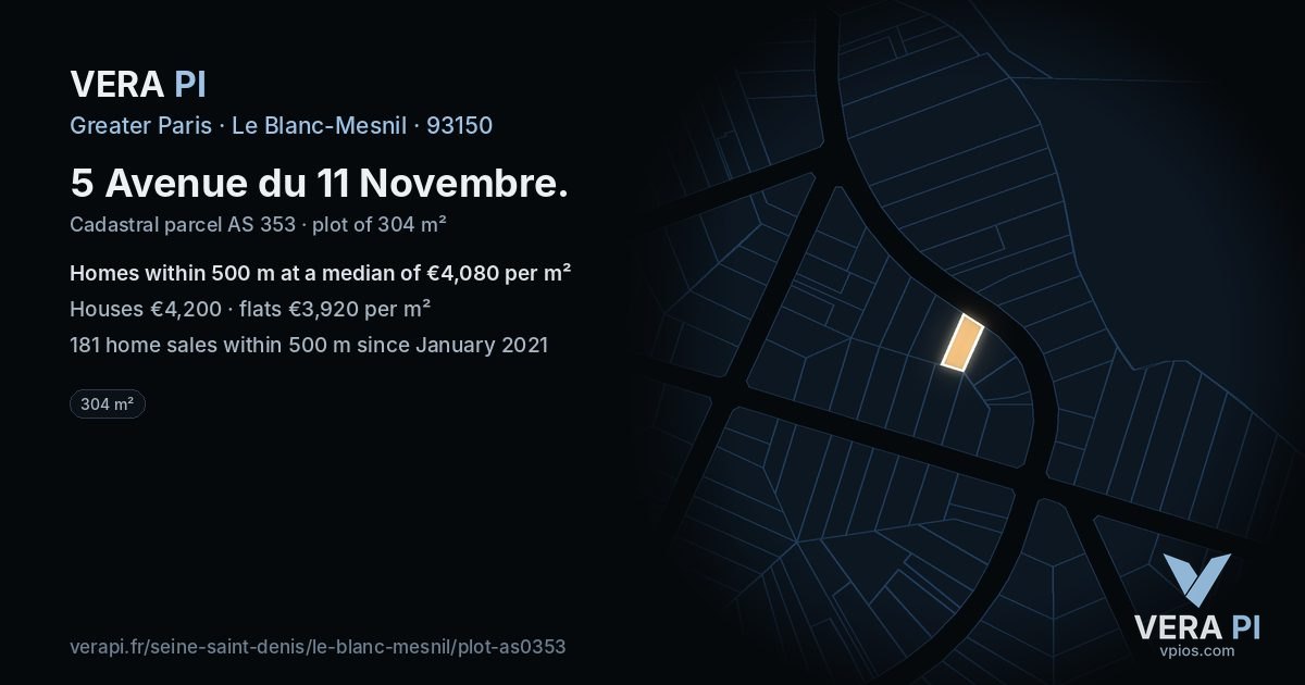 5 Avenue du 11 Novembre, Le Blanc-Mesnil at night – the plot lit, the parcels around coloured by the prices near them