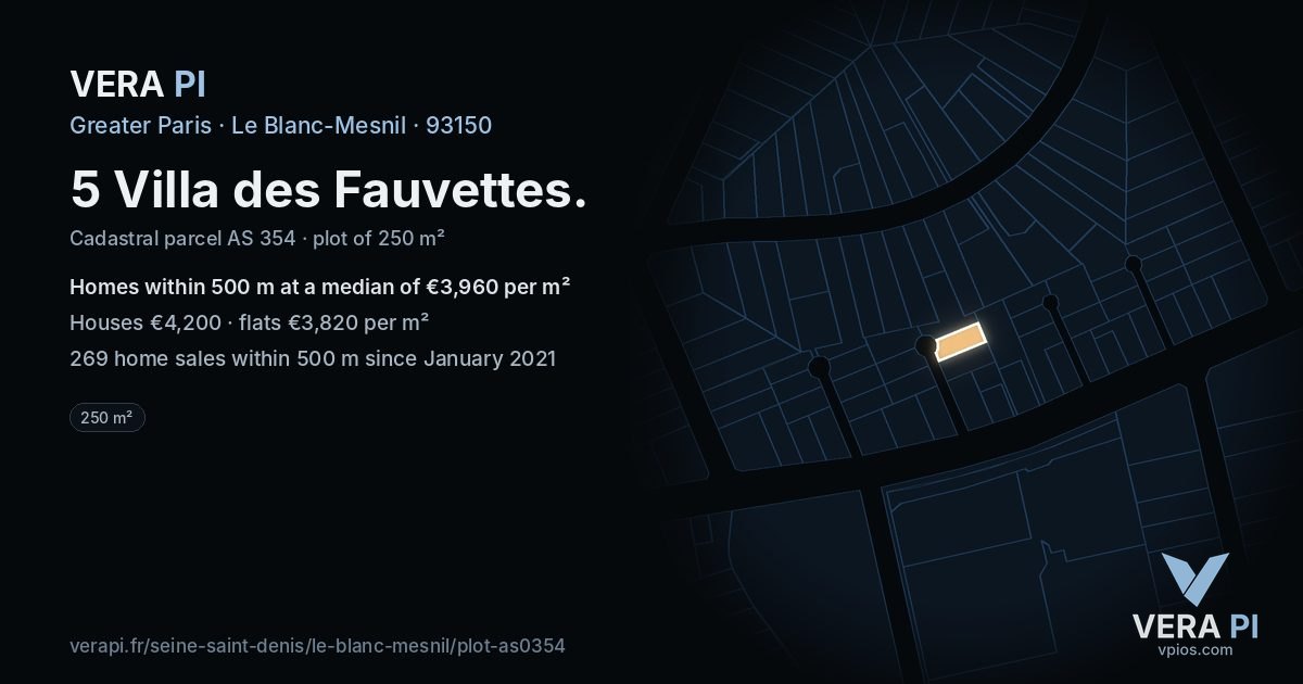 5 Villa des Fauvettes, Le Blanc-Mesnil at night – the plot lit, the parcels around coloured by the prices near them