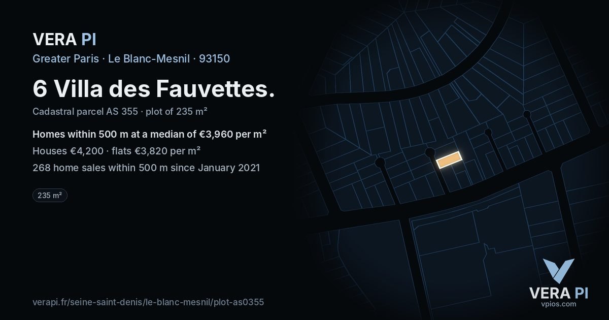 6 Villa des Fauvettes, Le Blanc-Mesnil at night – the plot lit, the parcels around coloured by the prices near them