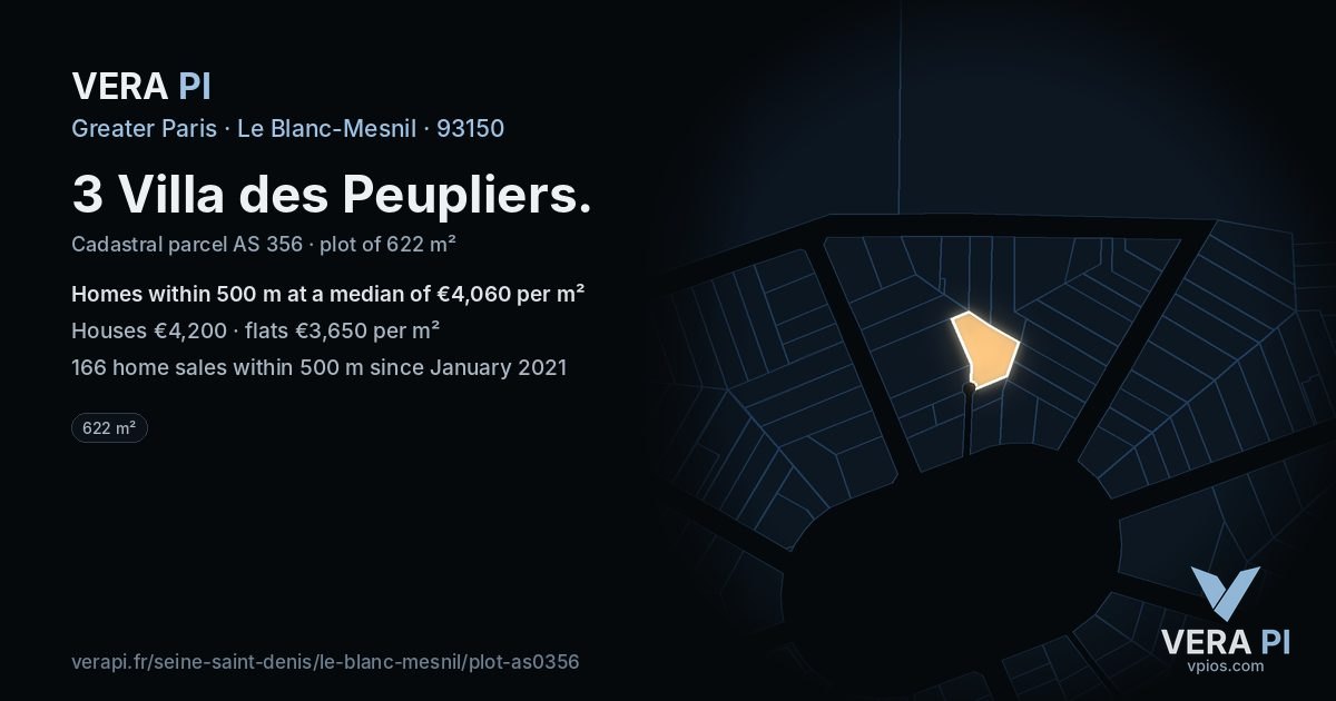 3 Villa des Peupliers, Le Blanc-Mesnil at night – the plot lit, the parcels around coloured by the prices near them