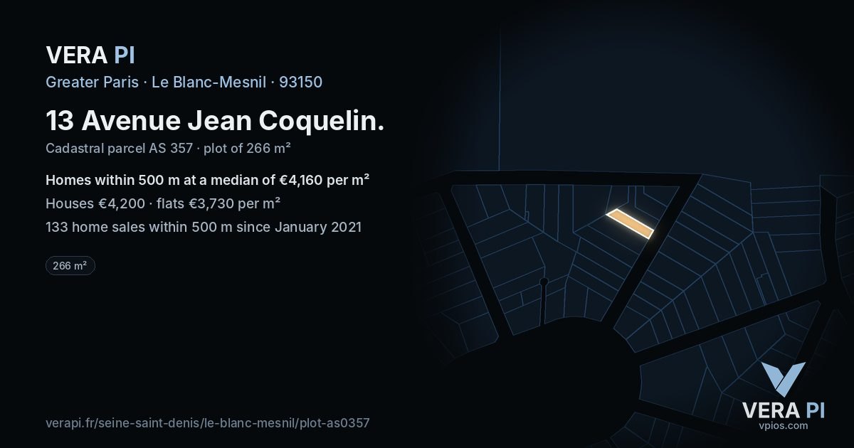 13 Avenue Jean Coquelin, Le Blanc-Mesnil at night – the plot lit, the parcels around coloured by the prices near them