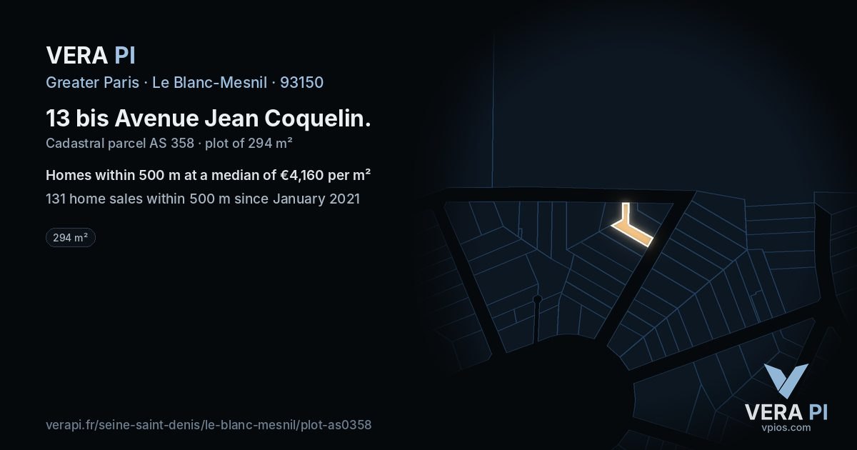 13 bis Avenue Jean Coquelin, Le Blanc-Mesnil at night – the plot lit, the parcels around coloured by the prices near them