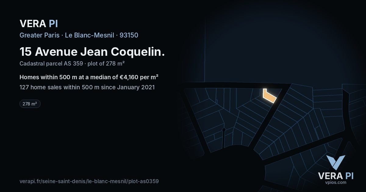 15 Avenue Jean Coquelin, Le Blanc-Mesnil at night – the plot lit, the parcels around coloured by the prices near them