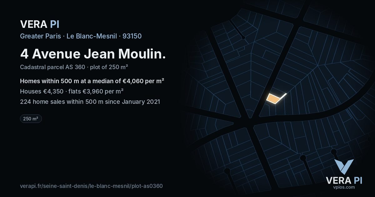 4 Avenue Jean Moulin, Le Blanc-Mesnil at night – the plot lit, the parcels around coloured by the prices near them