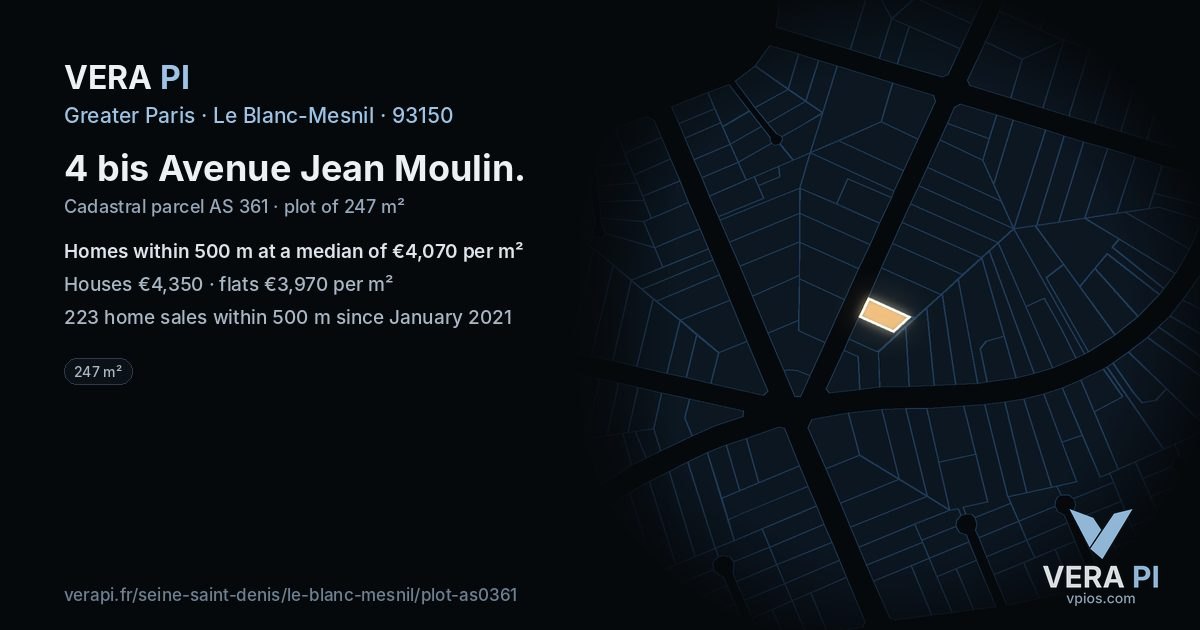 4 bis Avenue Jean Moulin, Le Blanc-Mesnil at night – the plot lit, the parcels around coloured by the prices near them