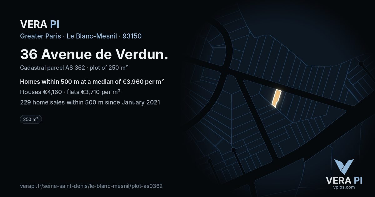 36 Avenue de Verdun, Le Blanc-Mesnil at night – the plot lit, the parcels around coloured by the prices near them