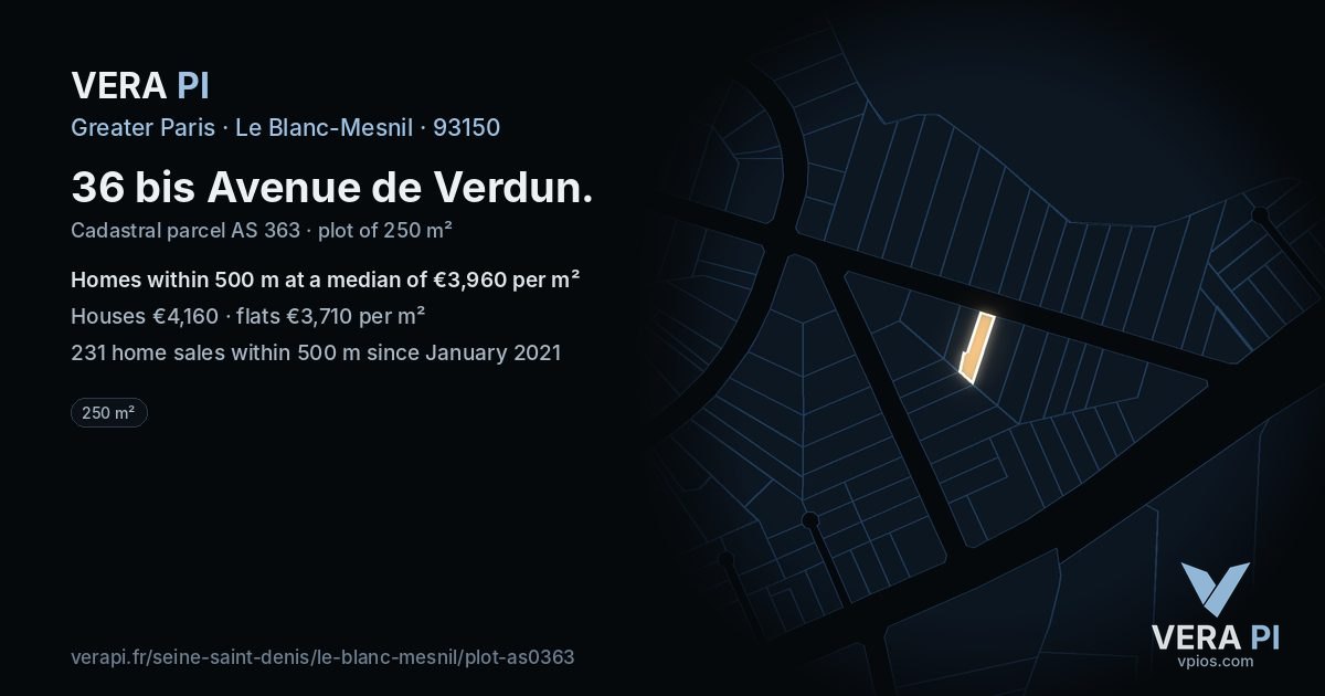 36 bis Avenue de Verdun, Le Blanc-Mesnil at night – the plot lit, the parcels around coloured by the prices near them
