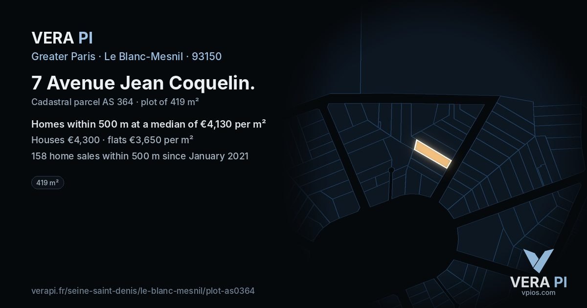 7 Avenue Jean Coquelin, Le Blanc-Mesnil at night – the plot lit, the parcels around coloured by the prices near them
