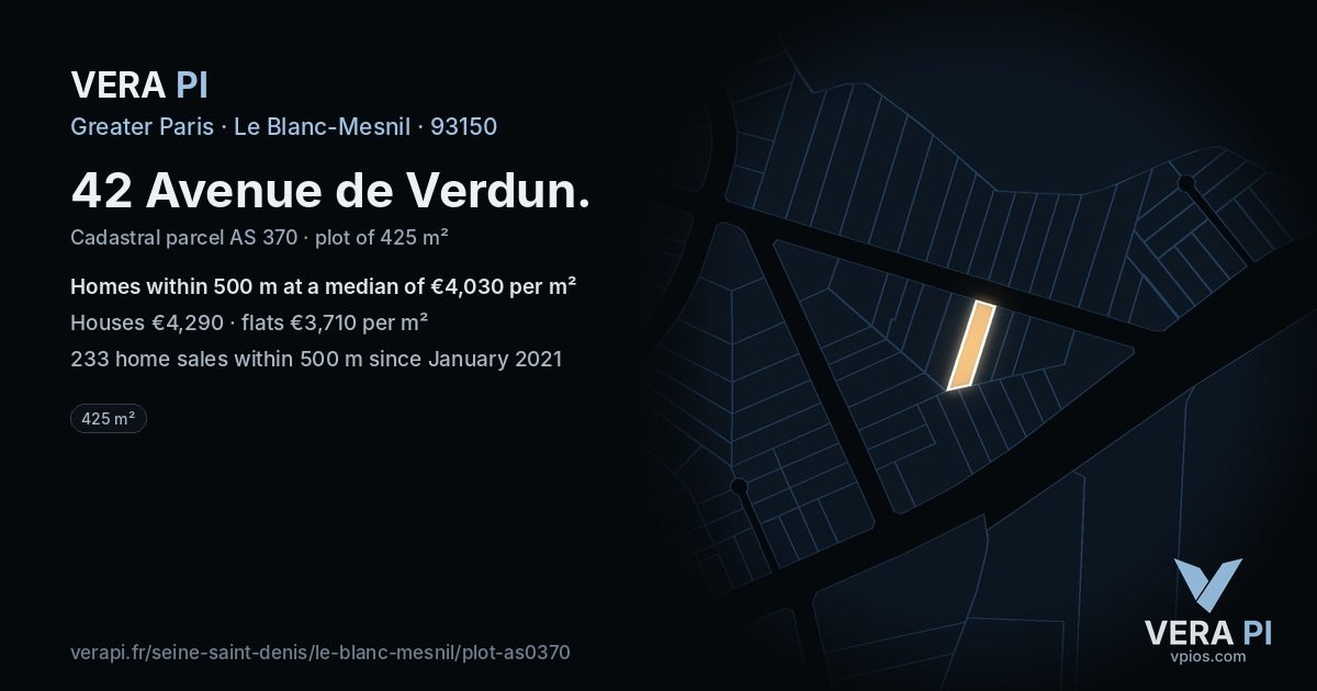 42 Avenue de Verdun, Le Blanc-Mesnil at night – the plot lit, the parcels around coloured by the prices near them