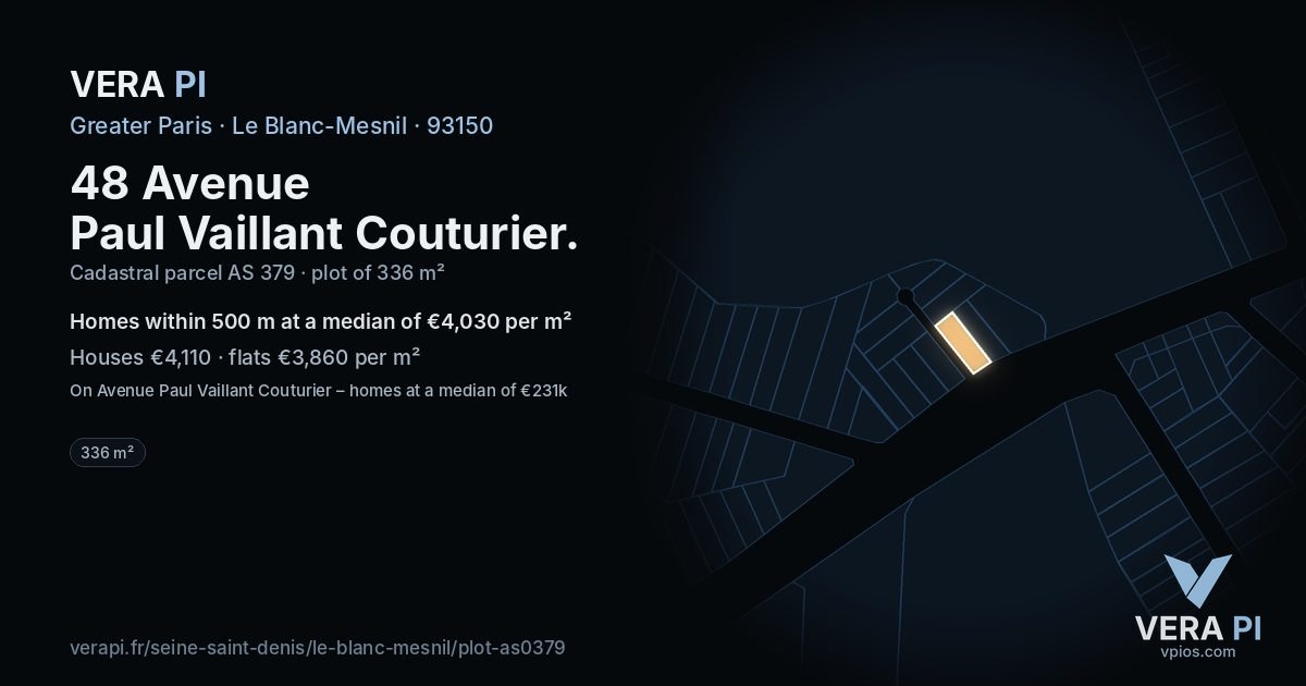 48 Avenue Paul Vaillant Couturier, Le Blanc-Mesnil at night – the plot lit, the parcels around coloured by the prices near them