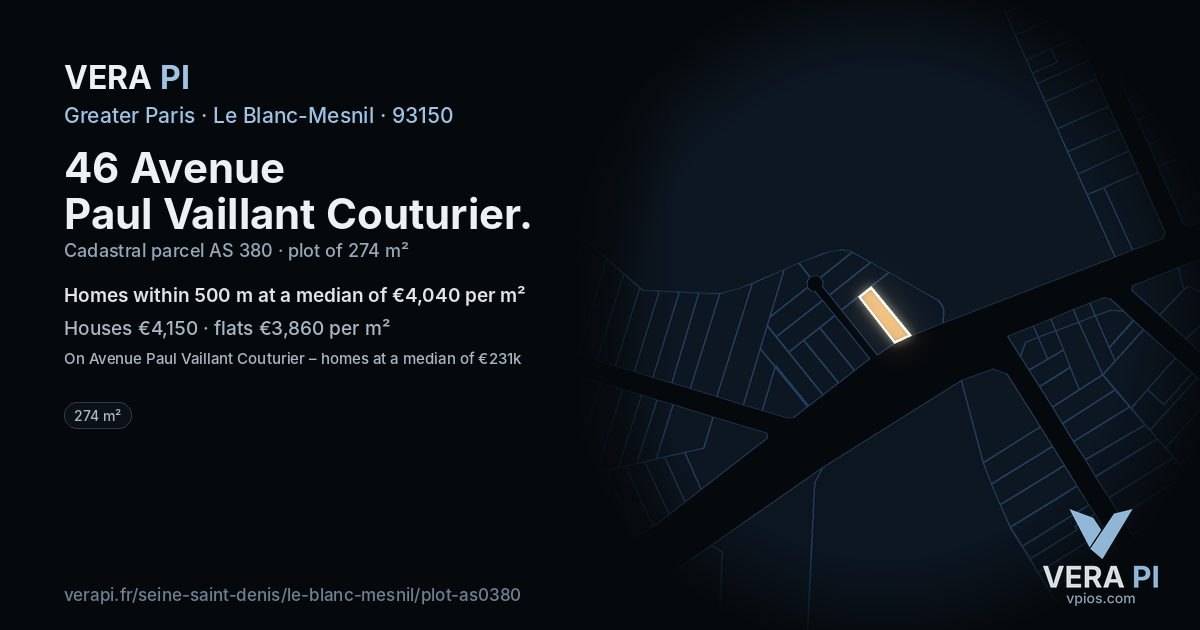 46 Avenue Paul Vaillant Couturier, Le Blanc-Mesnil at night – the plot lit, the parcels around coloured by the prices near them