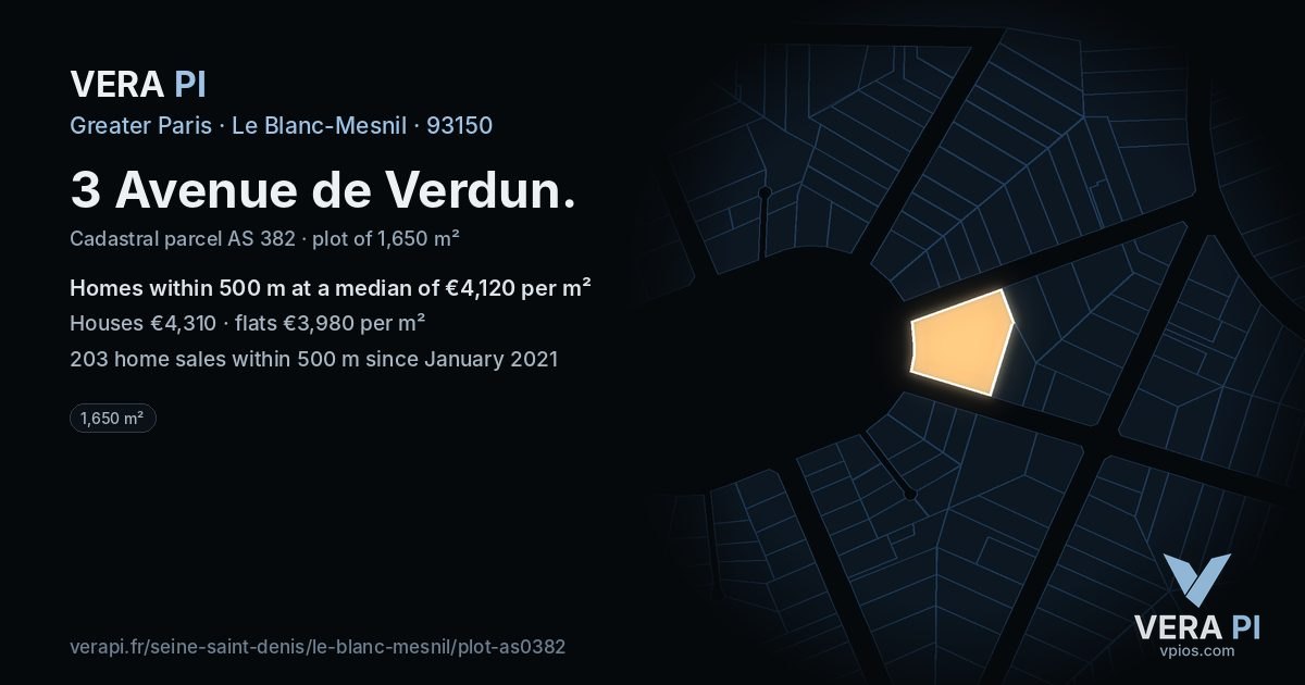 3 Avenue de Verdun, Le Blanc-Mesnil at night – the plot lit, the parcels around coloured by the prices near them