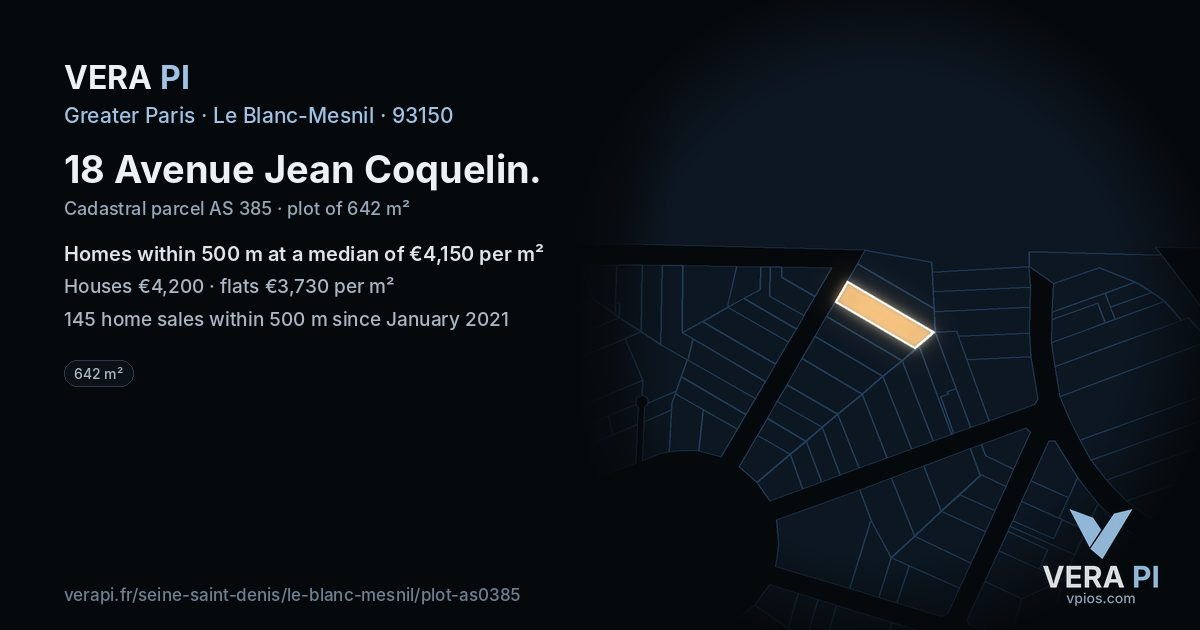 18 Avenue Jean Coquelin, Le Blanc-Mesnil at night – the plot lit, the parcels around coloured by the prices near them