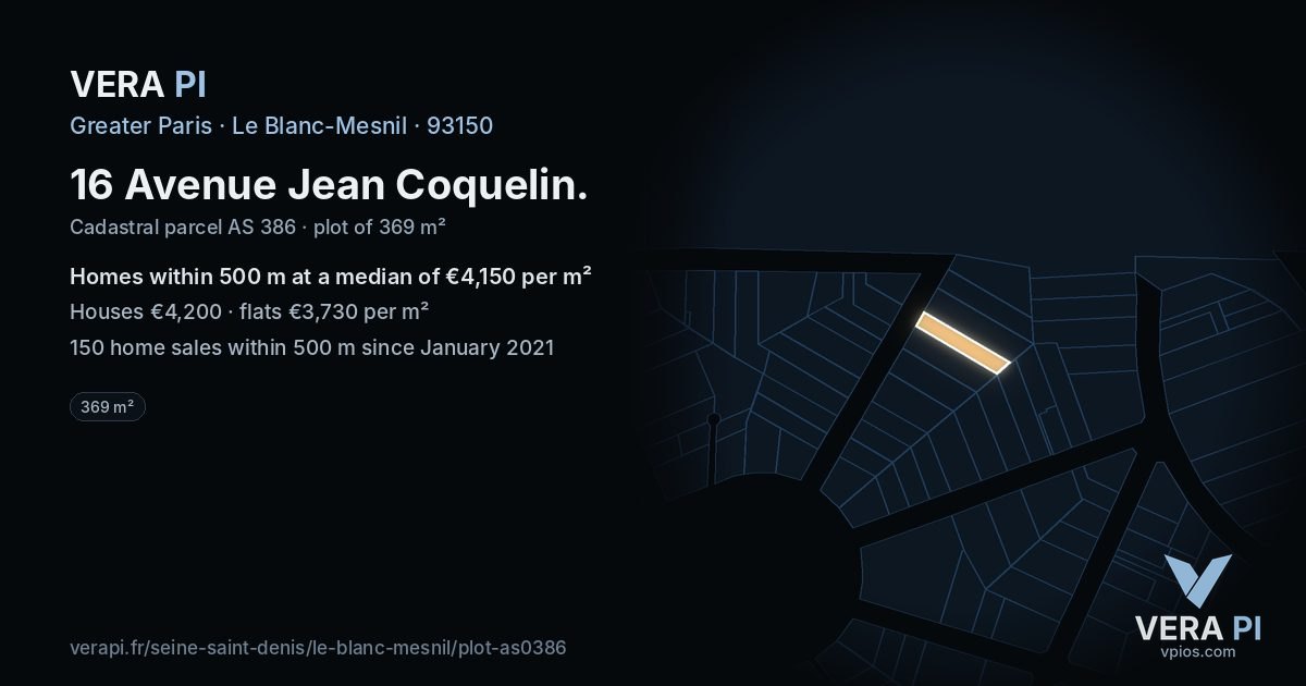 16 Avenue Jean Coquelin, Le Blanc-Mesnil at night – the plot lit, the parcels around coloured by the prices near them
