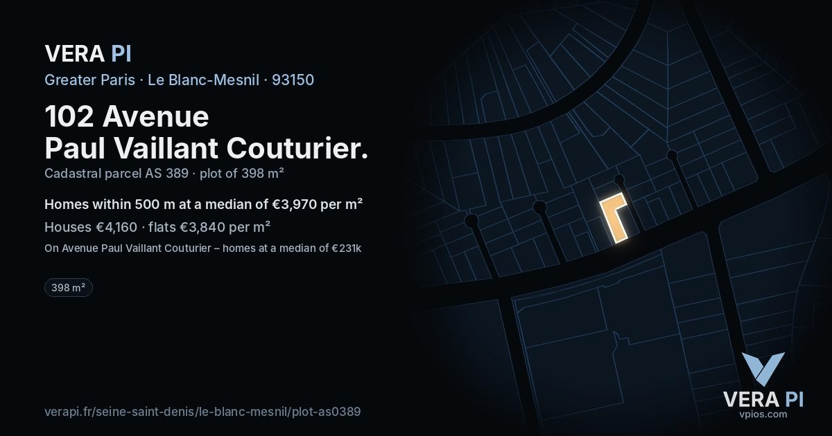 102 Avenue Paul Vaillant Couturier, Le Blanc-Mesnil at night – the plot lit, the parcels around coloured by the prices near them
