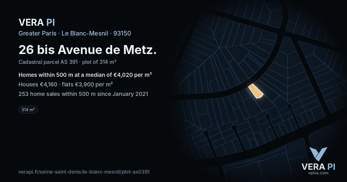 26 bis Avenue de Metz, Le Blanc-Mesnil at night – the plot lit, the parcels around coloured by the prices near them