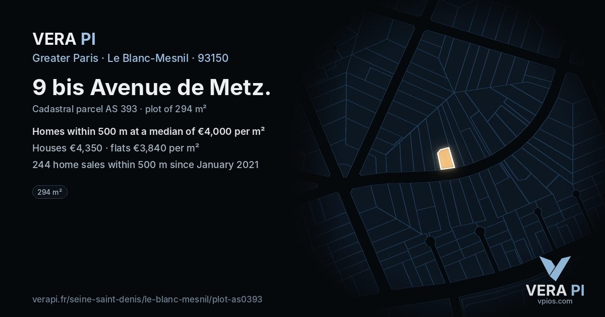 9 bis Avenue de Metz, Le Blanc-Mesnil at night – the plot lit, the parcels around coloured by the prices near them