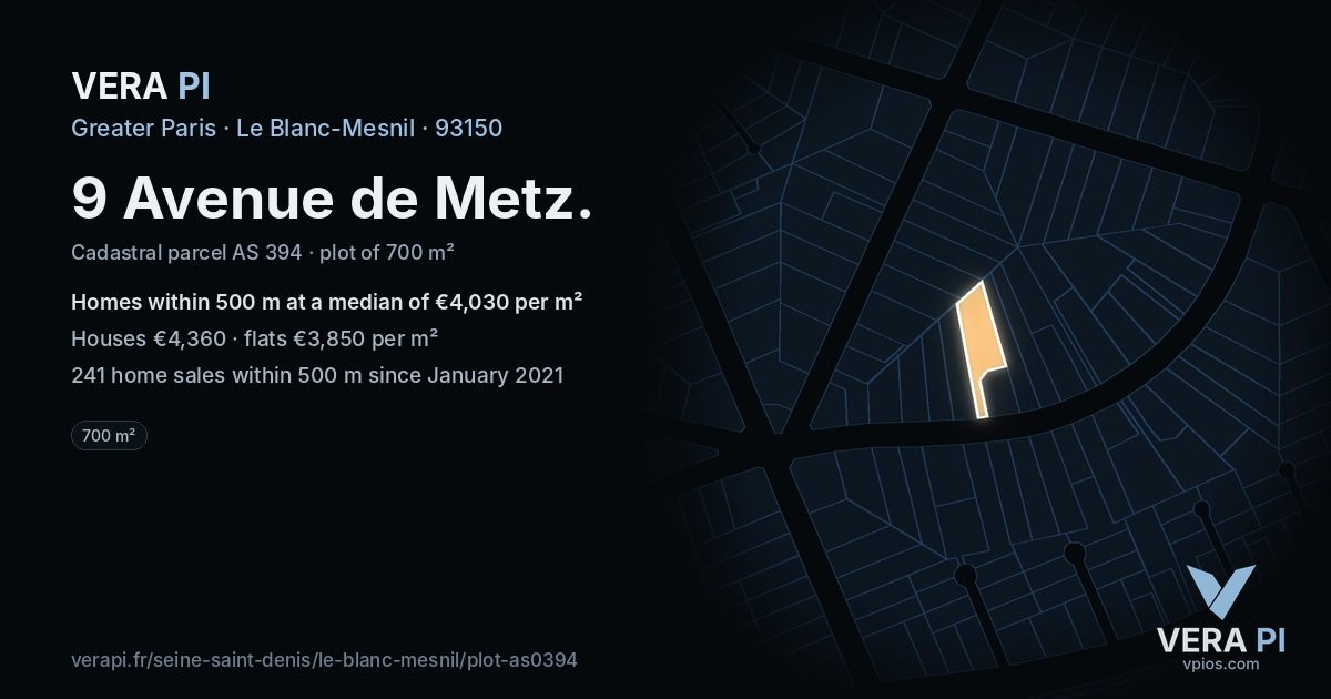 9 Avenue de Metz, Le Blanc-Mesnil at night – the plot lit, the parcels around coloured by the prices near them