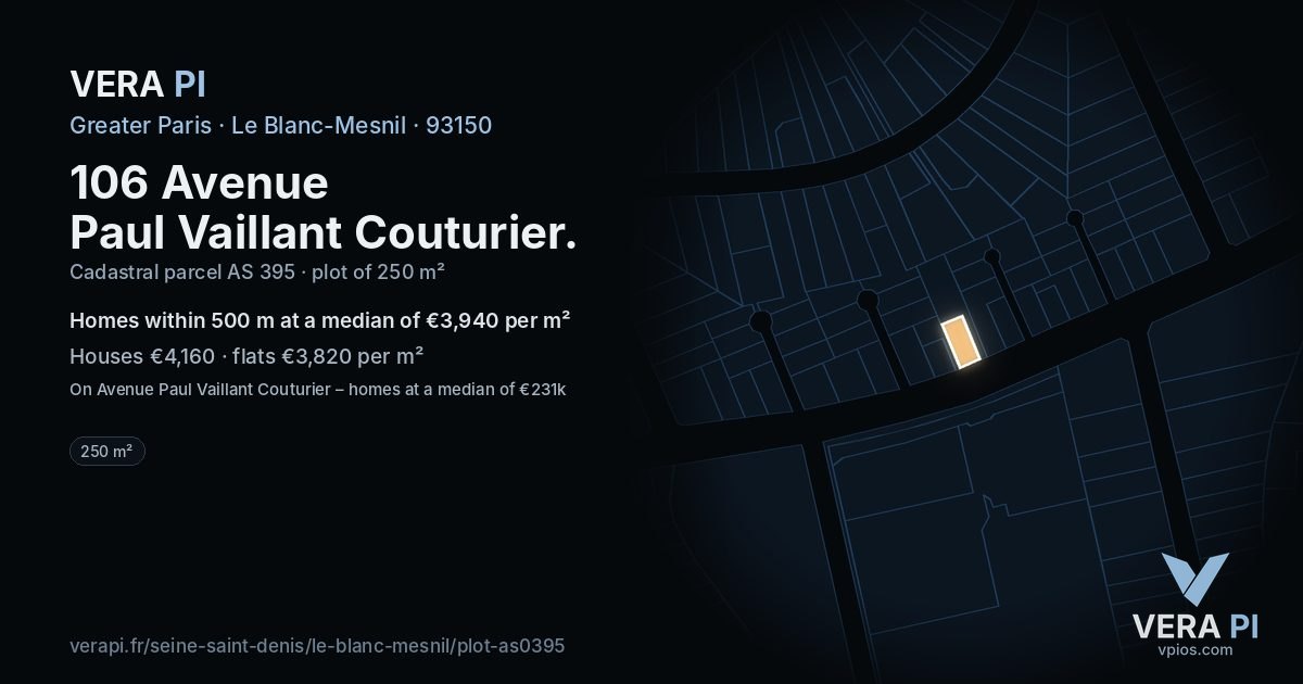 106 Avenue Paul Vaillant Couturier, Le Blanc-Mesnil at night – the plot lit, the parcels around coloured by the prices near them