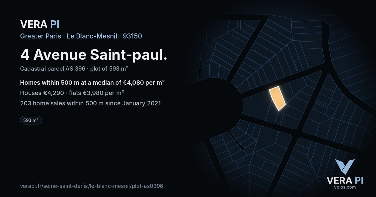 4 Avenue Saint-paul, Le Blanc-Mesnil at night – the plot lit, the parcels around coloured by the prices near them