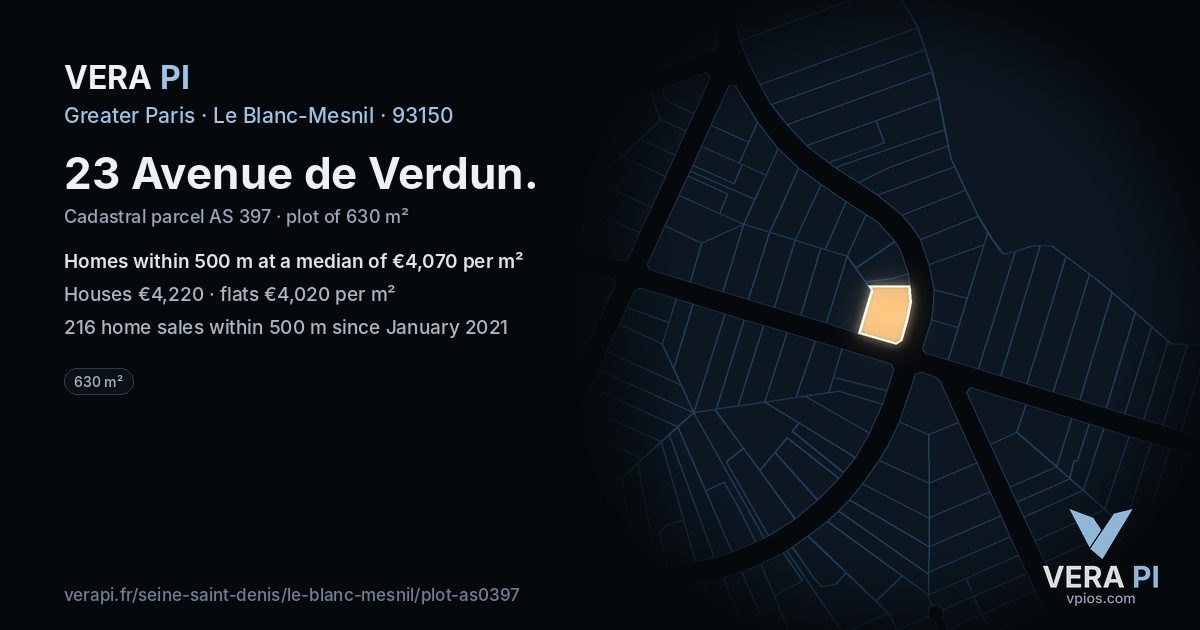 23 Avenue de Verdun, Le Blanc-Mesnil at night – the plot lit, the parcels around coloured by the prices near them