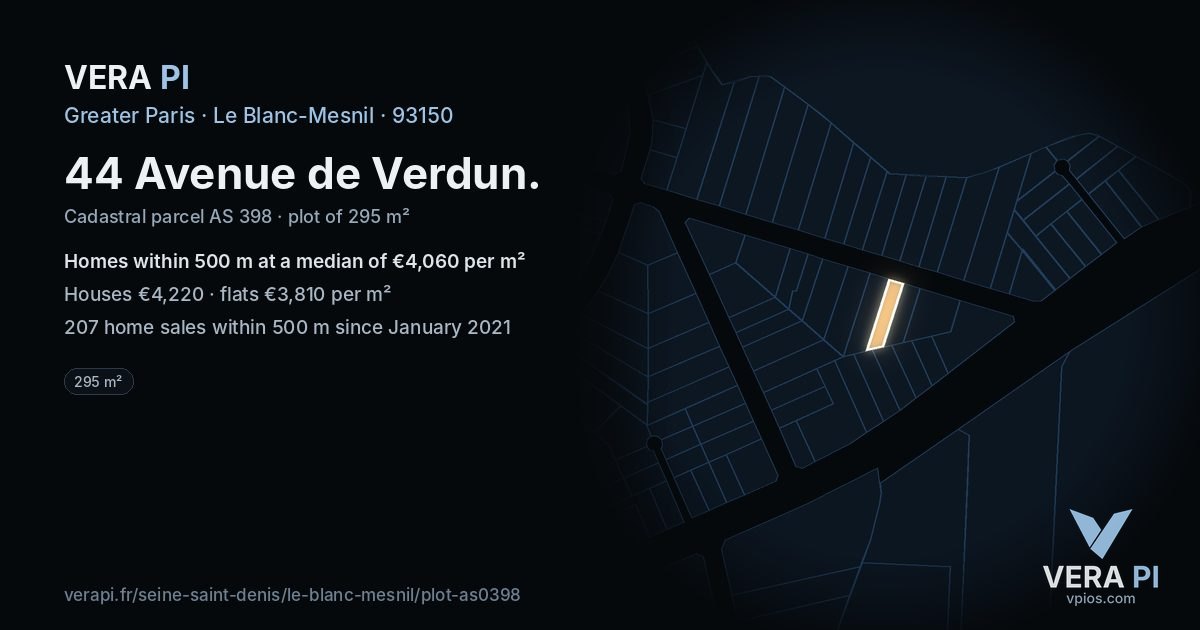 44 Avenue de Verdun, Le Blanc-Mesnil at night – the plot lit, the parcels around coloured by the prices near them