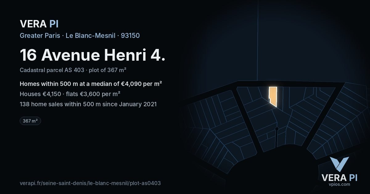 16 Avenue Henri 4, Le Blanc-Mesnil at night – the plot lit, the parcels around coloured by the prices near them