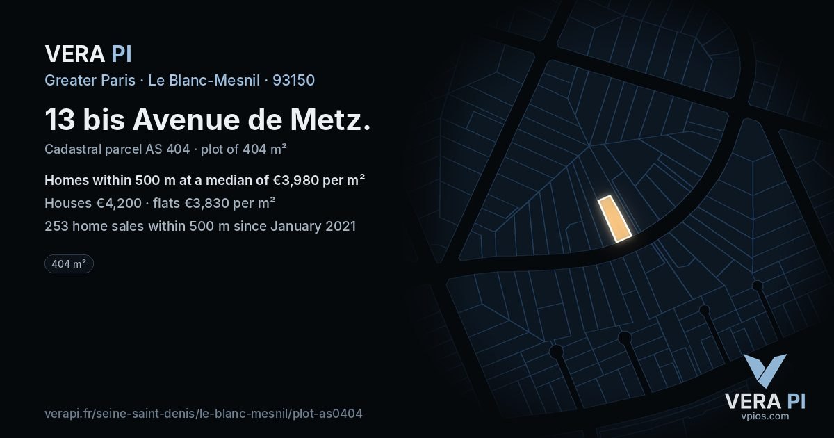 13 bis Avenue de Metz, Le Blanc-Mesnil at night – the plot lit, the parcels around coloured by the prices near them