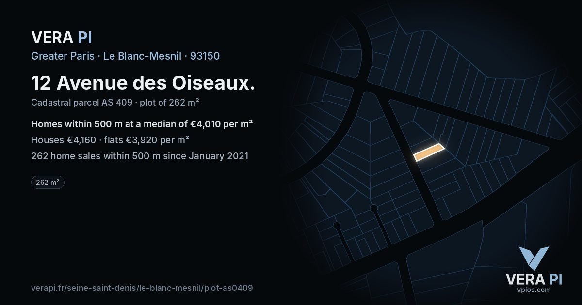 12 Avenue des Oiseaux, Le Blanc-Mesnil at night – the plot lit, the parcels around coloured by the prices near them