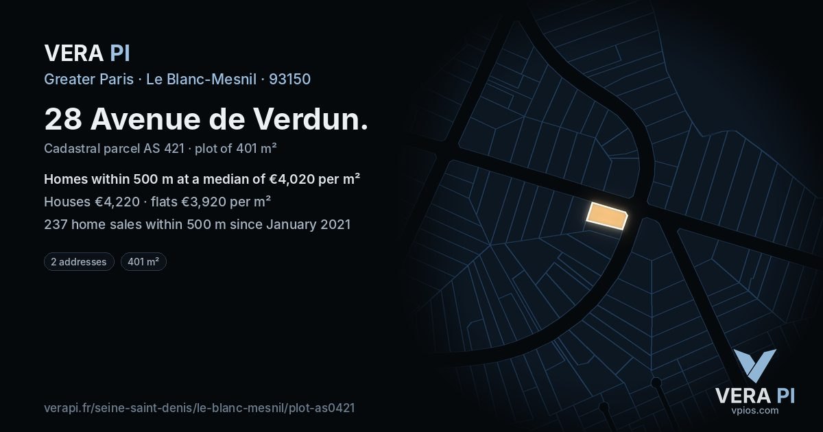 28 Avenue de Verdun, Le Blanc-Mesnil at night – the plot lit, the parcels around coloured by the prices near them