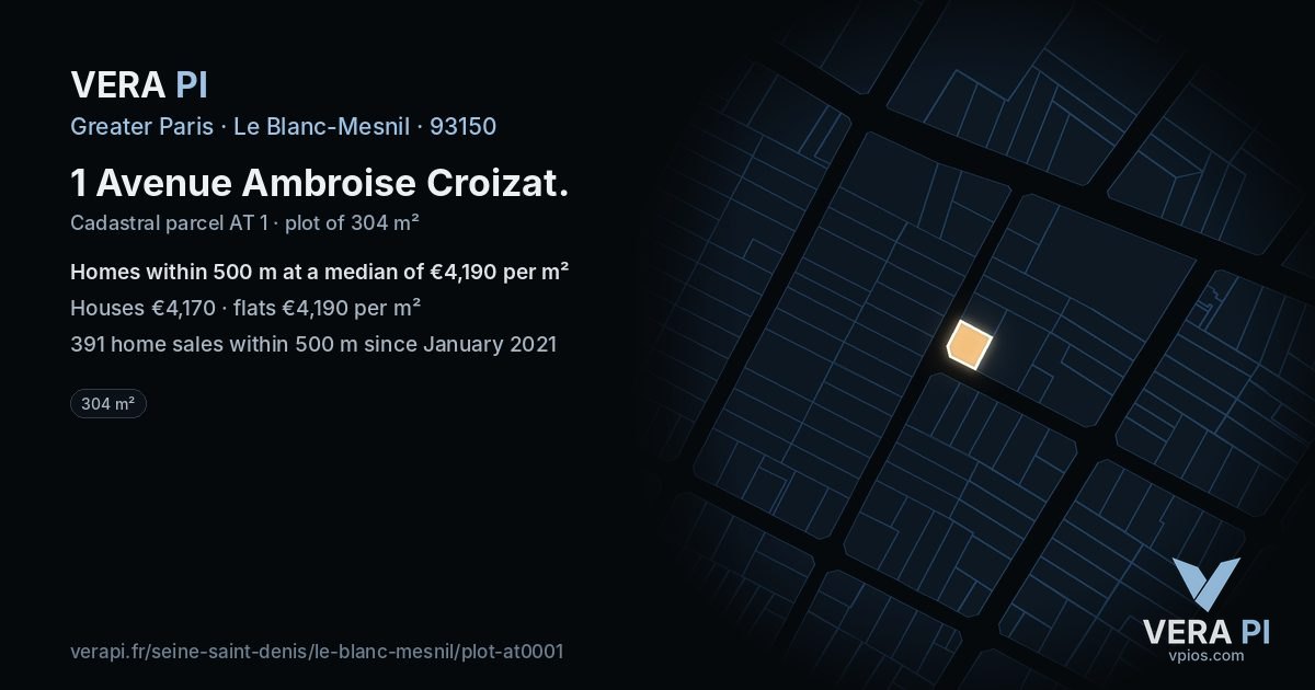 1 Avenue Ambroise Croizat, Le Blanc-Mesnil at night – the plot lit, the parcels around coloured by the prices near them