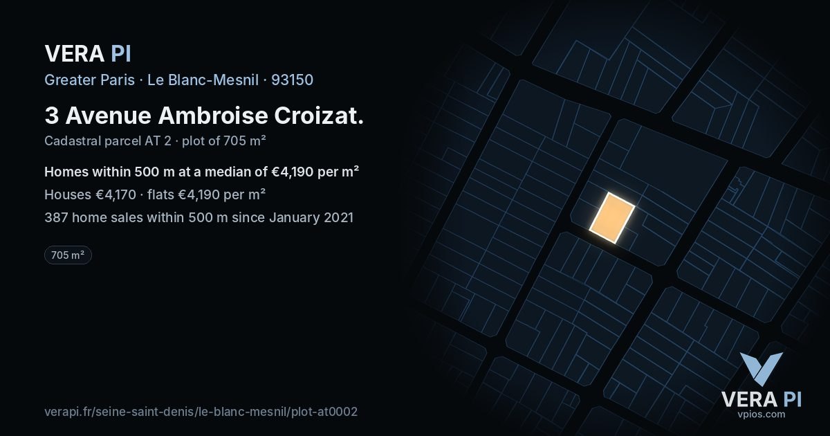 3 Avenue Ambroise Croizat, Le Blanc-Mesnil at night – the plot lit, the parcels around coloured by the prices near them