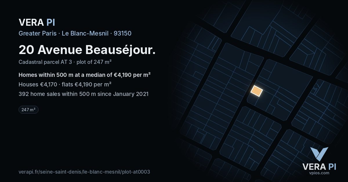 20 Avenue Beauséjour, Le Blanc-Mesnil at night – the plot lit, the parcels around coloured by the prices near them