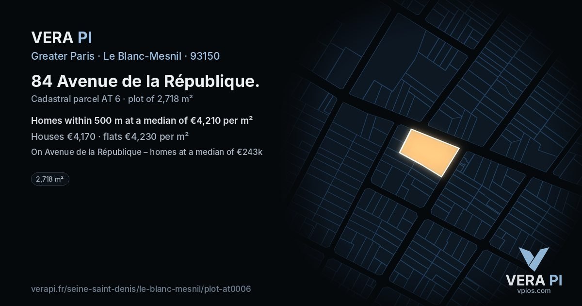 84 Avenue de la République, Le Blanc-Mesnil at night – the plot lit, the parcels around coloured by the prices near them