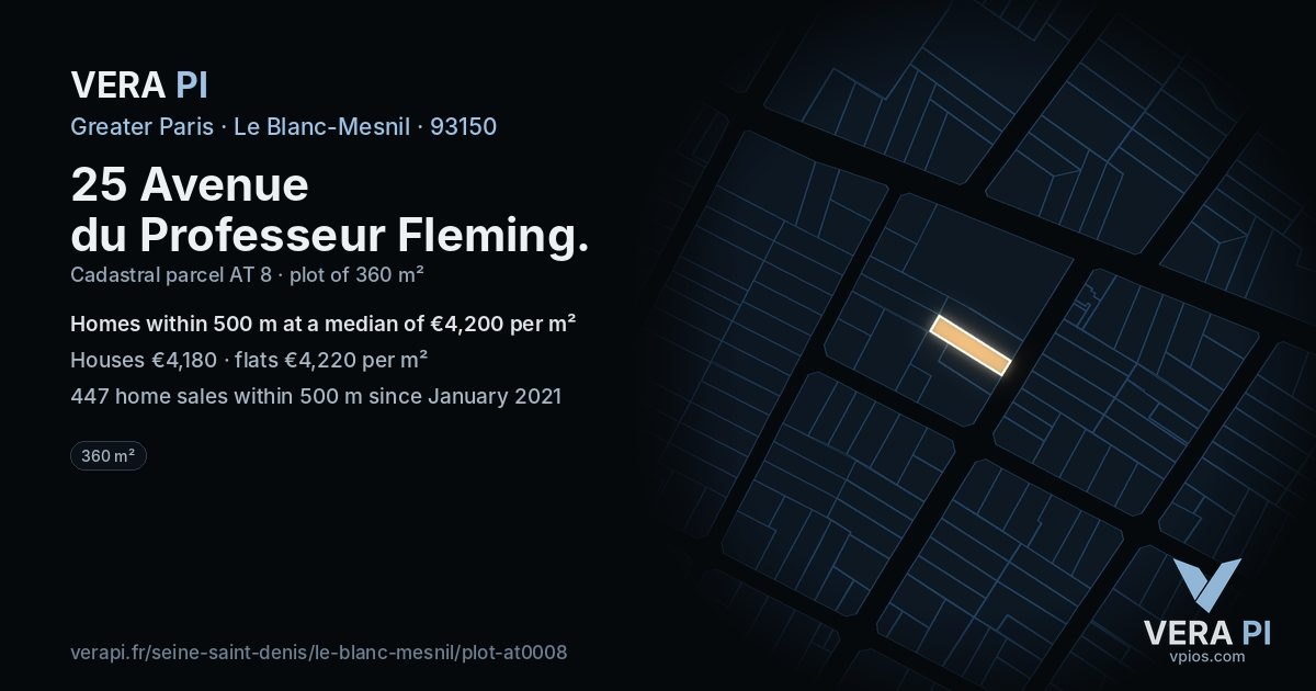 25 Avenue du Professeur Fleming, Le Blanc-Mesnil at night – the plot lit, the parcels around coloured by the prices near them