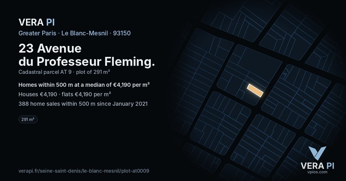 23 Avenue du Professeur Fleming, Le Blanc-Mesnil at night – the plot lit, the parcels around coloured by the prices near them