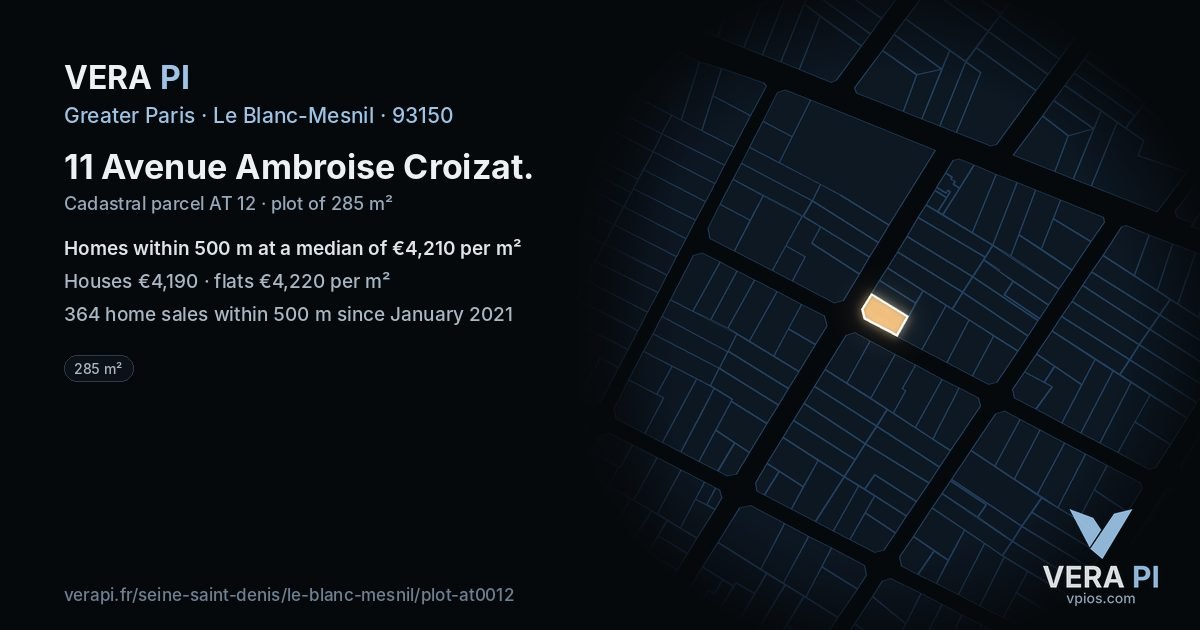 11 Avenue Ambroise Croizat, Le Blanc-Mesnil at night – the plot lit, the parcels around coloured by the prices near them