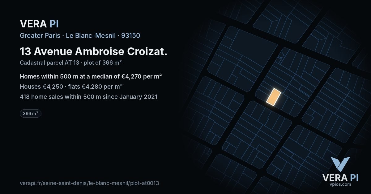 13 Avenue Ambroise Croizat, Le Blanc-Mesnil at night – the plot lit, the parcels around coloured by the prices near them