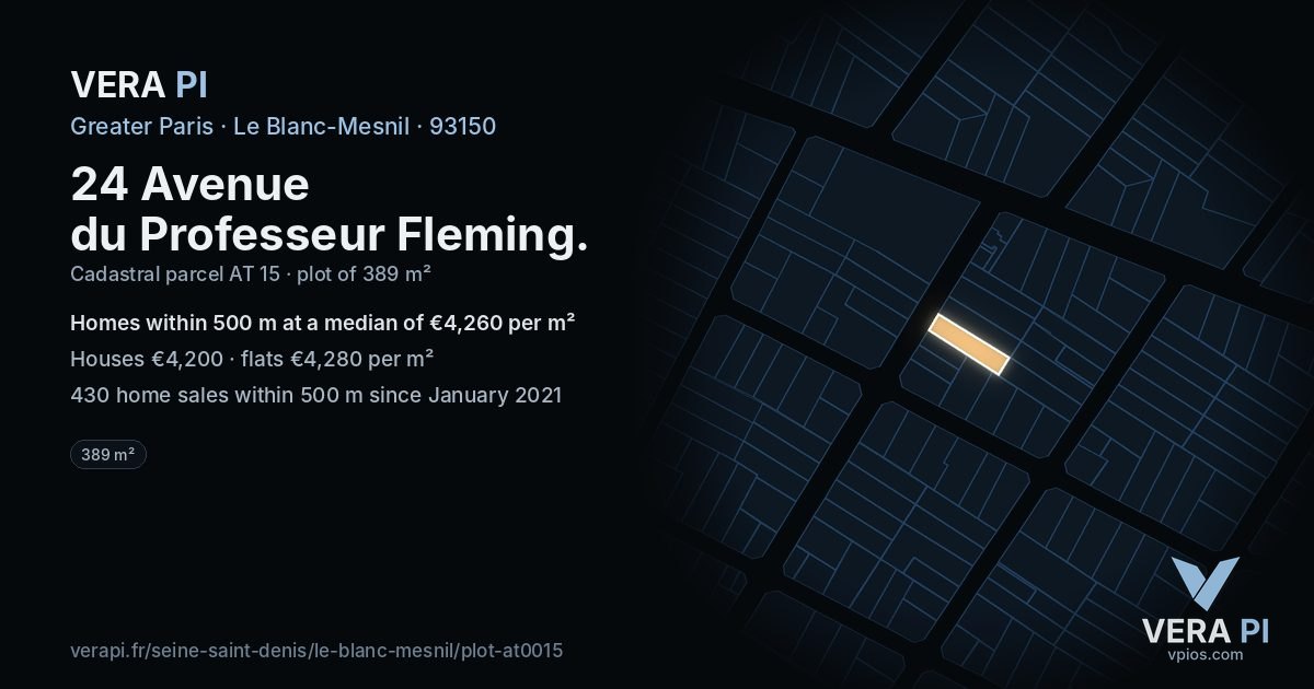 24 Avenue du Professeur Fleming, Le Blanc-Mesnil at night – the plot lit, the parcels around coloured by the prices near them