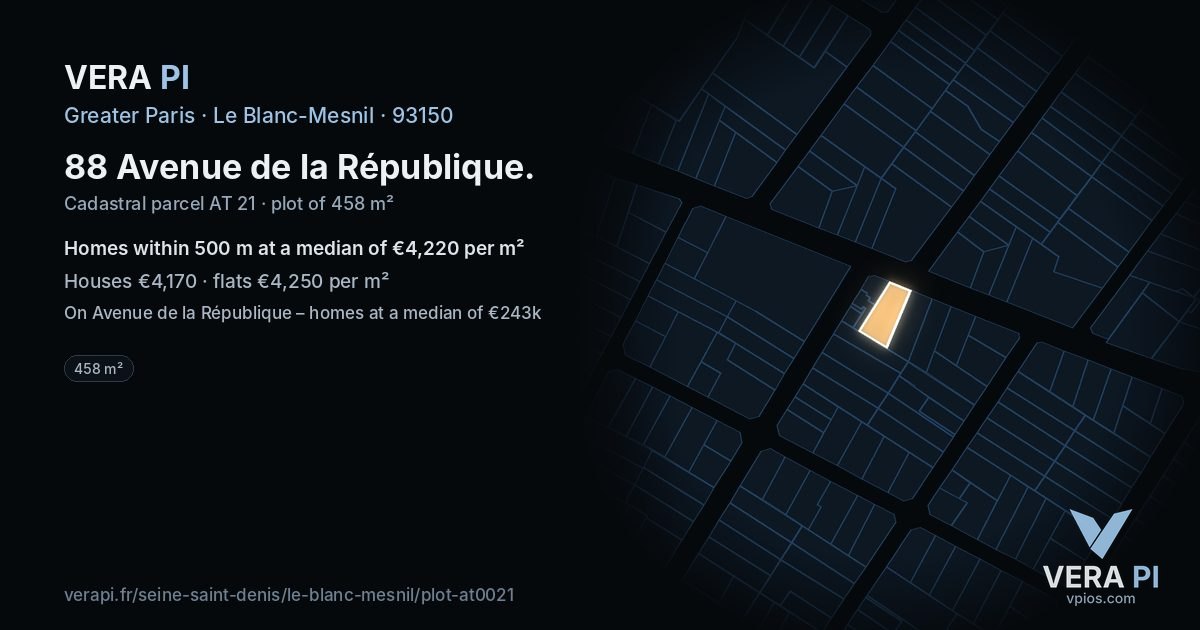 88 Avenue de la République, Le Blanc-Mesnil at night – the plot lit, the parcels around coloured by the prices near them