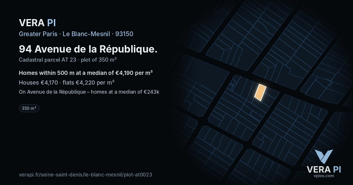 94 Avenue de la République, Le Blanc-Mesnil at night – the plot lit, the parcels around coloured by the prices near them