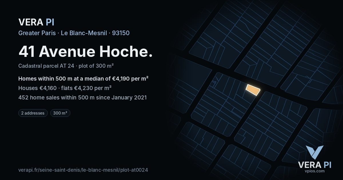 41 Avenue Hoche, Le Blanc-Mesnil at night – the plot lit, the parcels around coloured by the prices near them