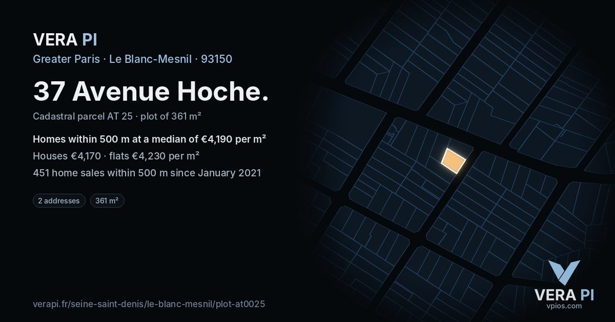 37 Avenue Hoche, Le Blanc-Mesnil at night – the plot lit, the parcels around coloured by the prices near them