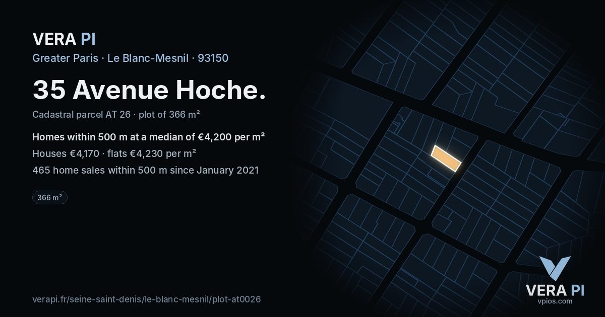 35 Avenue Hoche, Le Blanc-Mesnil at night – the plot lit, the parcels around coloured by the prices near them