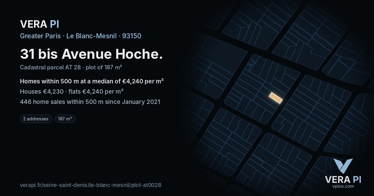 31 bis Avenue Hoche, Le Blanc-Mesnil at night – the plot lit, the parcels around coloured by the prices near them
