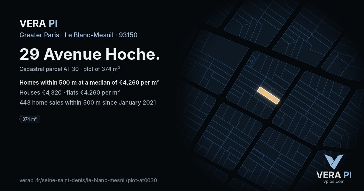 29 Avenue Hoche, Le Blanc-Mesnil at night – the plot lit, the parcels around coloured by the prices near them