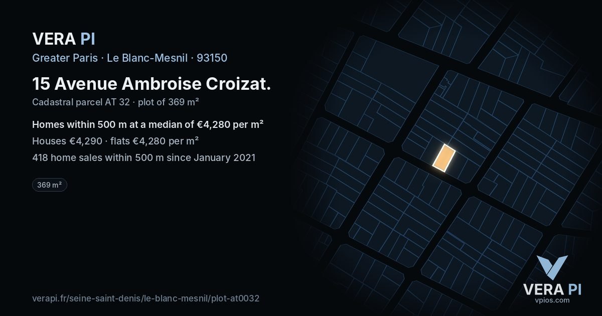 15 Avenue Ambroise Croizat, Le Blanc-Mesnil at night – the plot lit, the parcels around coloured by the prices near them